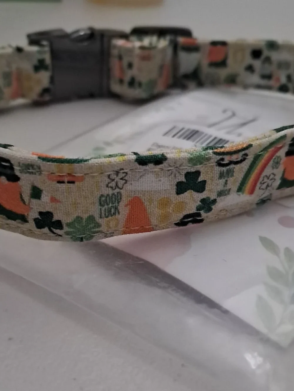 Adjustable St. Patricks Day Fabric Dog Collar in Cream, Green & Peach